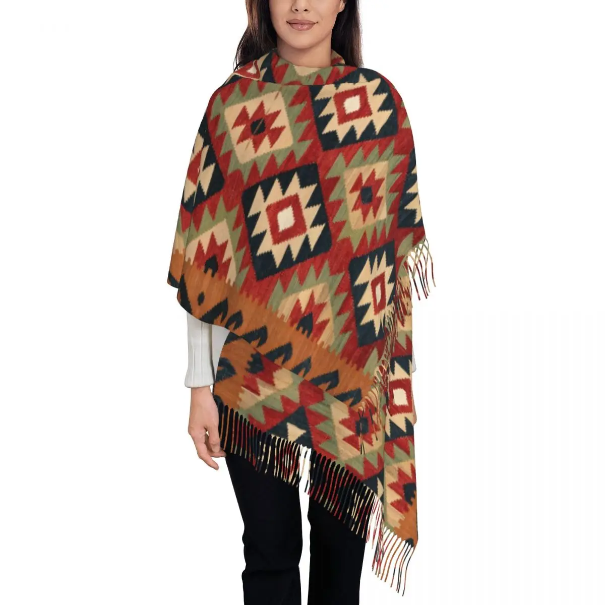 Lady Large Grey Loom Kilim Aztec Ethnic Art Scarves Winter Fall Warm Tassel Shawl Wrap Bohemian Geometric Tribal Pattern Scarf