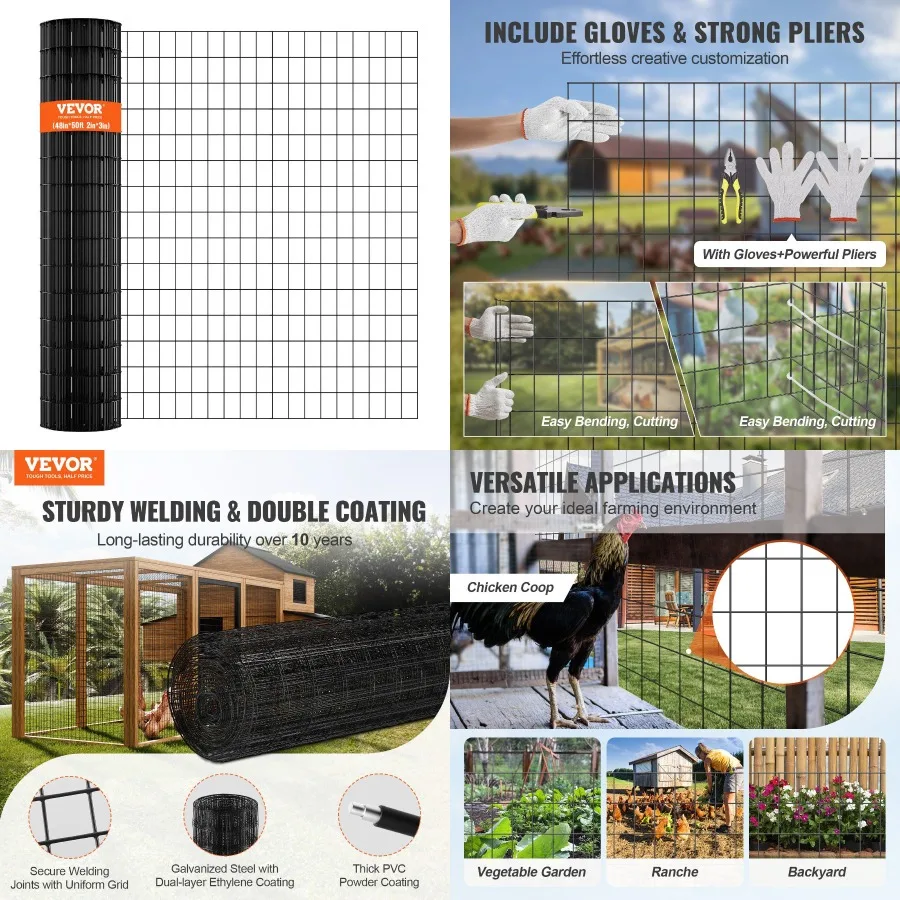 

VEVOR Hardware Cloth 48'' x 50' Gaanized Wire Mesh Roll 16 Gauge Chicken Wire Fen Roll Vinyl Coating Metal Wire Mesh for Chicke