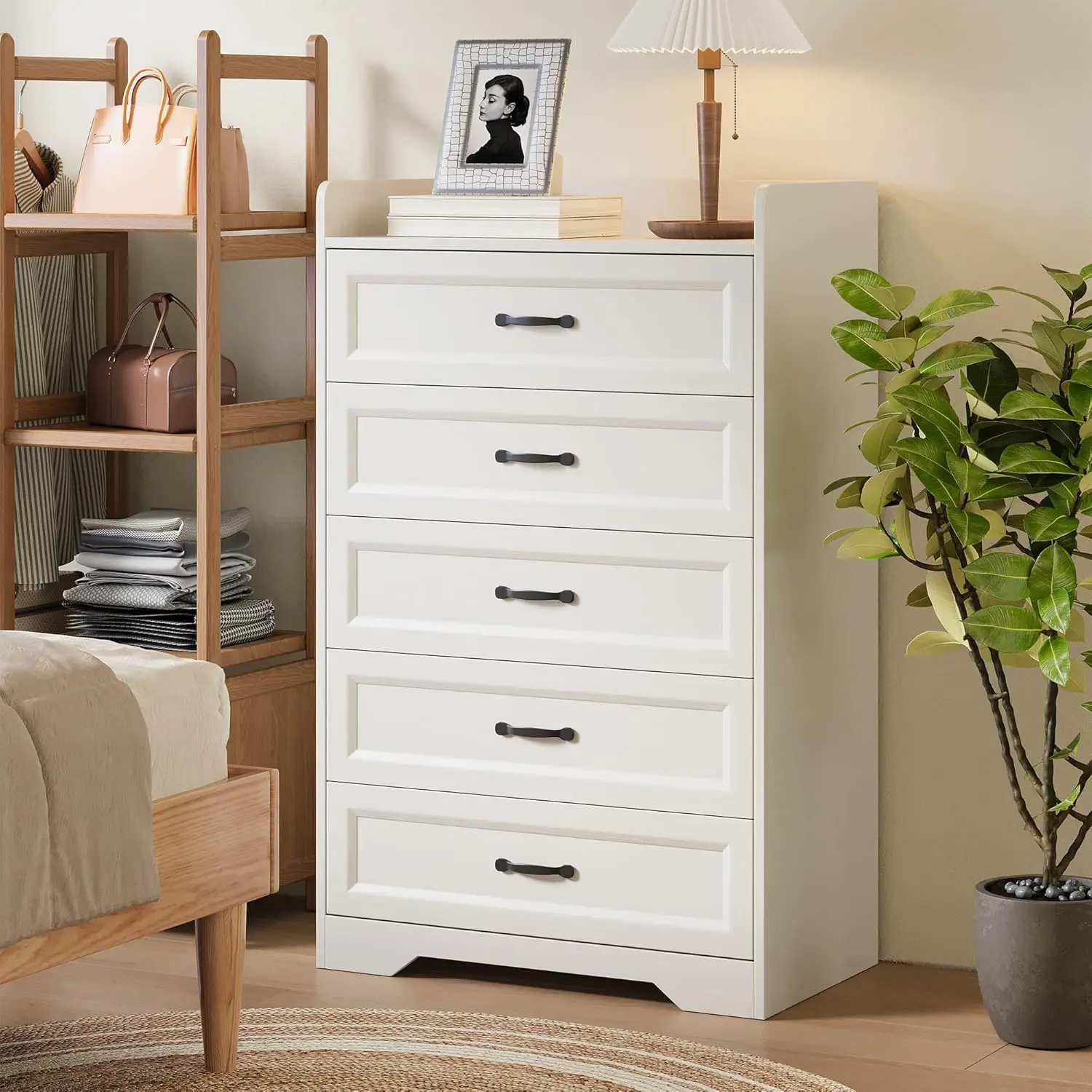 White Dresser for Bedroom, Hallway, and Living Room with Large Storage, Smooth Rail, Handles, and Anti-tilt Device