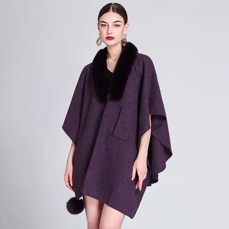 

Winter Women Faux Rabbit Fur Loose Poncho Cape Thick Warm Woolen Batwing Sleeves Criss-Cross Shawl Coat Cloak Out Streetwear