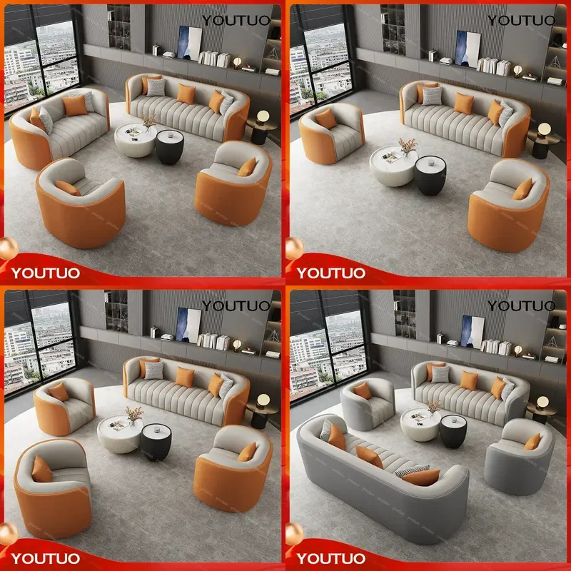 Light Luxury Orange and Gray Leather Sofa Set Hotel Lobby Sales Office Reception Guest Leisure Combination