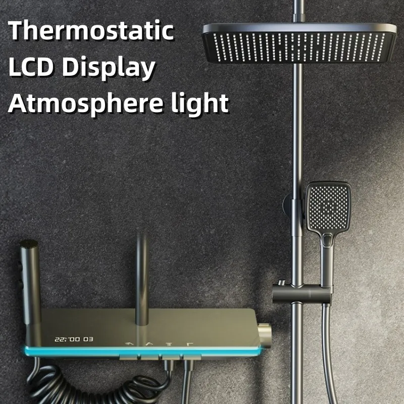 Digital Display Thermostatic Shower Faucet Set Rainfall Bathtub Brass Tap Mixer Water Flow Power Generation Atmosphere Light 90 120cm light lines car tube underglow underbody system atmosphere lamp car rgb led 5050 smd dc12v 6000k