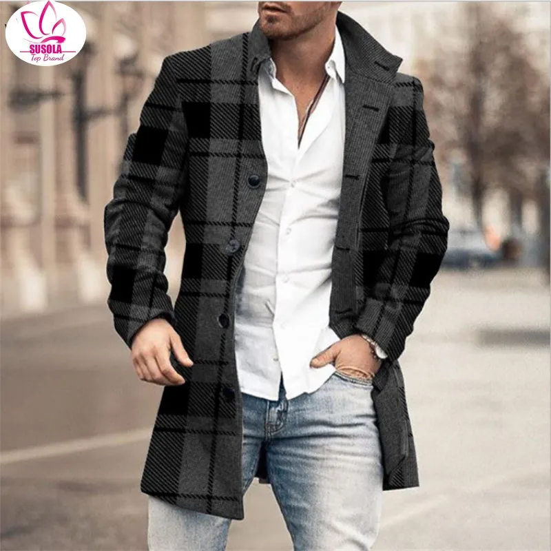 Lady Mens Single-Breasted Wool & Blend Coats Autumn Lapel Collar Retro Jacket Long Tops Outerwear Sexy Trend Long Overcoat