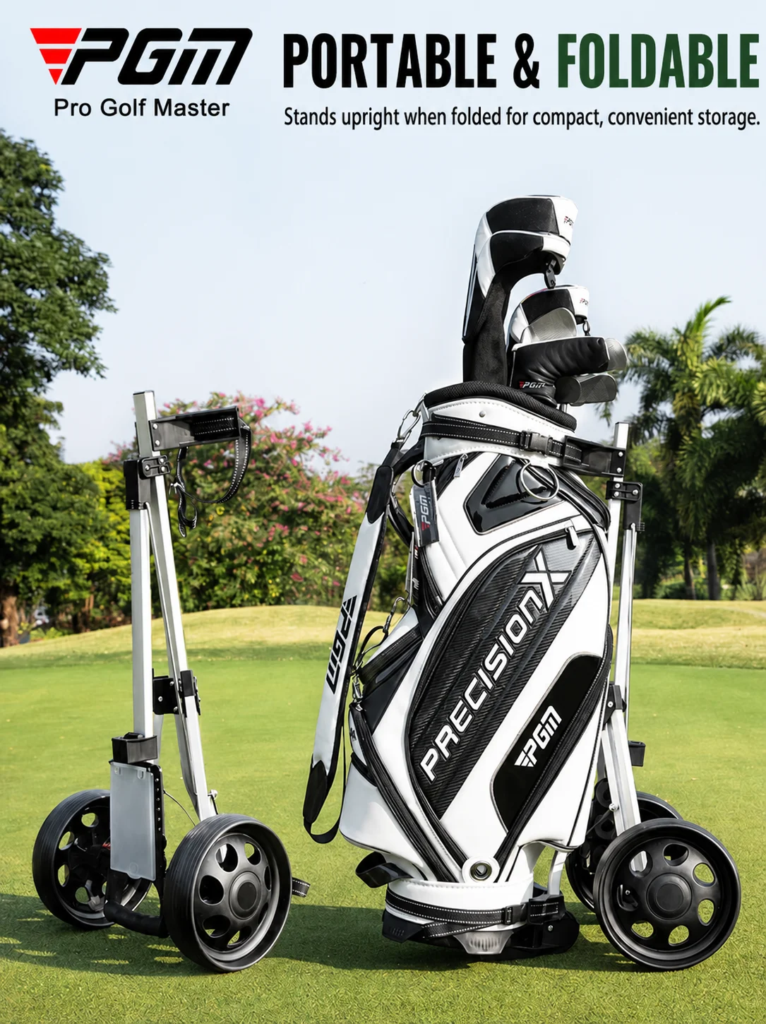 PGM 2 Wheel Golf Push Cart Foldable Lightweight Aluminum Golf Trolley Pull Cart Compact Golf Bag Caddy with Scorecard Holder