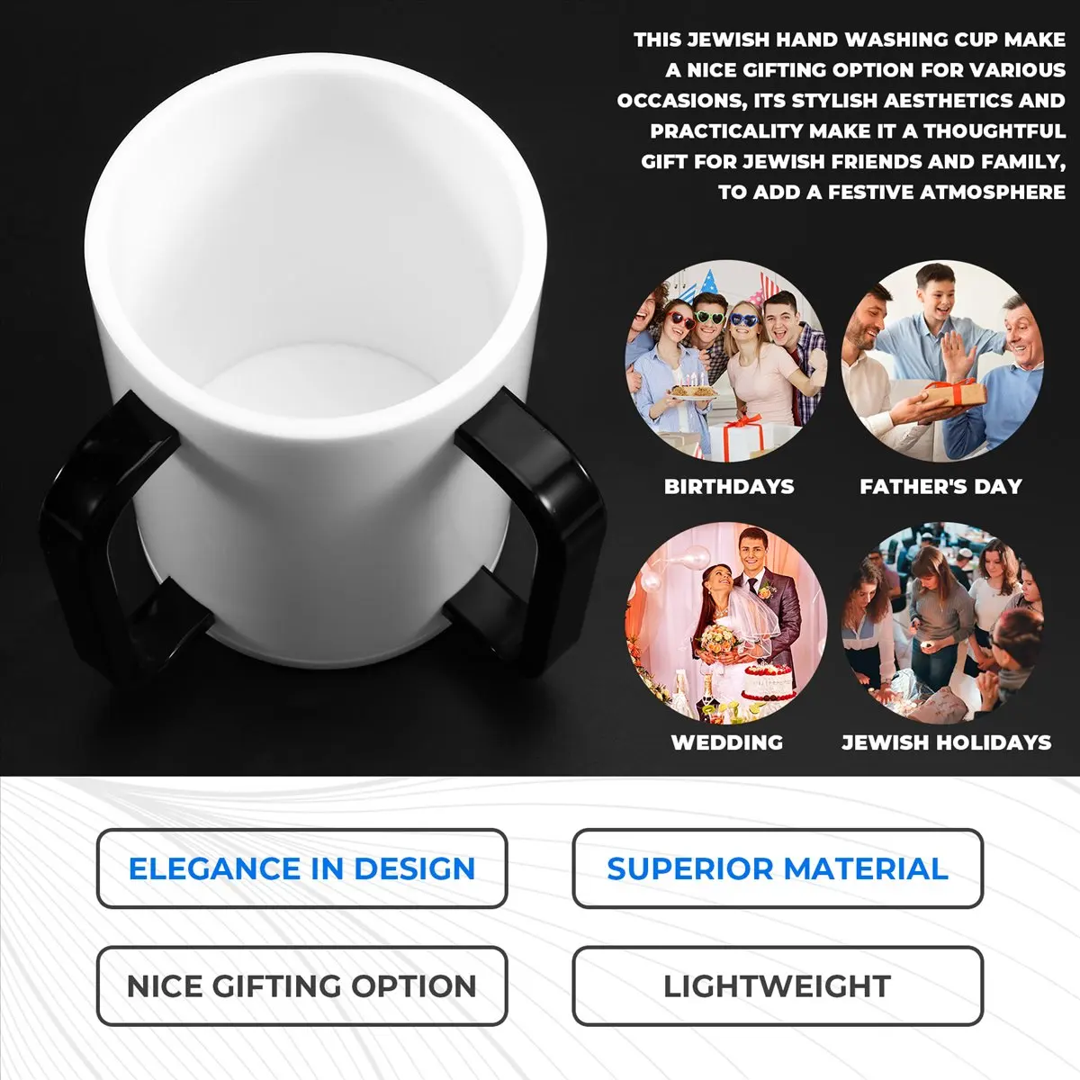 A008 Hand Washing Cup Acrylic Washing Cup Hand Wash Cup with Two Acrylic Handles for Jewish Prayer Wash Cup Black Handles