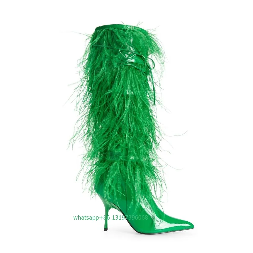 Lady green patent fur lace-up pointed toe boots stiletto heel feather green color boots sexy dance dress punk style dress boots