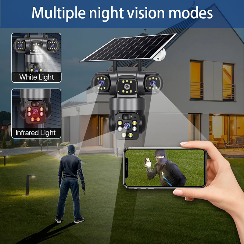 كاميرا V380 ثلاثية العدسات لوحة القيادة كاميرا تعمل بالطاقة الشمسية مع بطاقة Sim 4G 12MP كاميرا CCTV لاسلكية ذكية تعمل بالواي فاي داخلية وخارجية