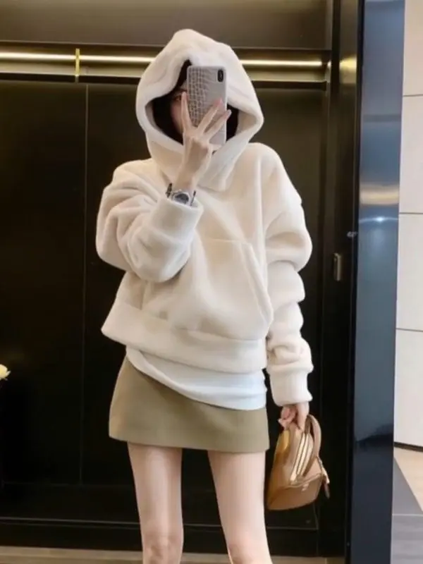 

Женская уникальная красивая ленивая толстовка с капюшоном Thiened, свободная утягивающая осенне-зимняя новинка, бархатный топ с ягненком