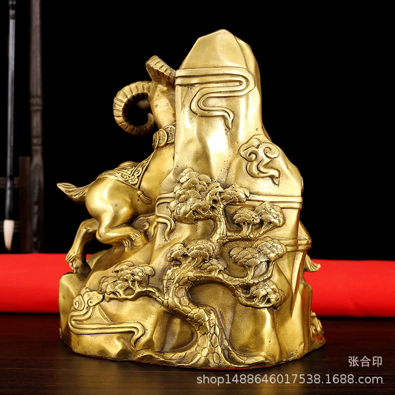 Copper San Yang Kai Tai Ornament, Twelve Zodiac Sheep, Three Sheep Ascending the Mountain Auspicious Ornament, Home Entryway Cra