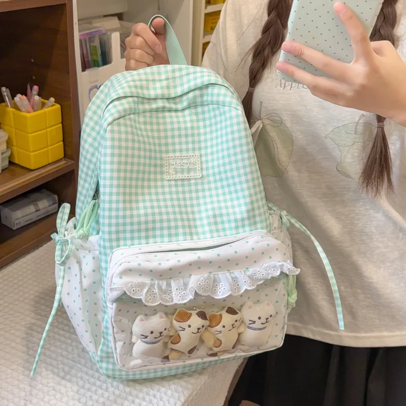 Stylish Checked Backpack Large Capacity Polka Dot Rucksack Transparent Pockets Cute Lightweight Backpacks Commute Studying Pouch