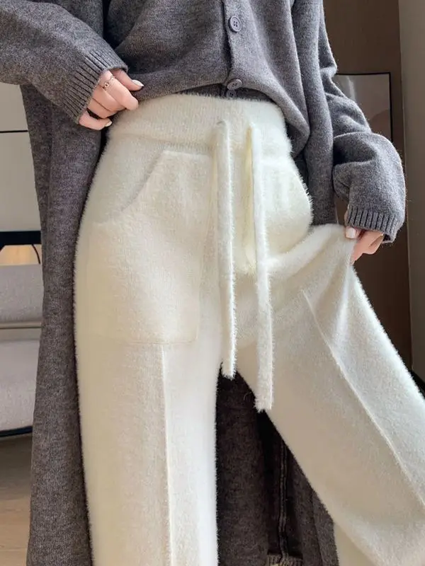 Pantalon à jambes larges tricoté en fourrure de vison Feng Shui paresseux, pantalons décontractés haut de gamme, pantalons de sol épais et chauds pour femmes, automne et hiver