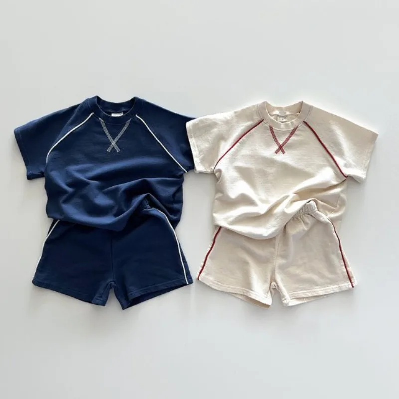 

Korean Style Newborn Baby Boys Girls Sport Wear Clothing Suit Short Sleeved Cotton Solid Color T-shirt+Shorts Children Tracksuit