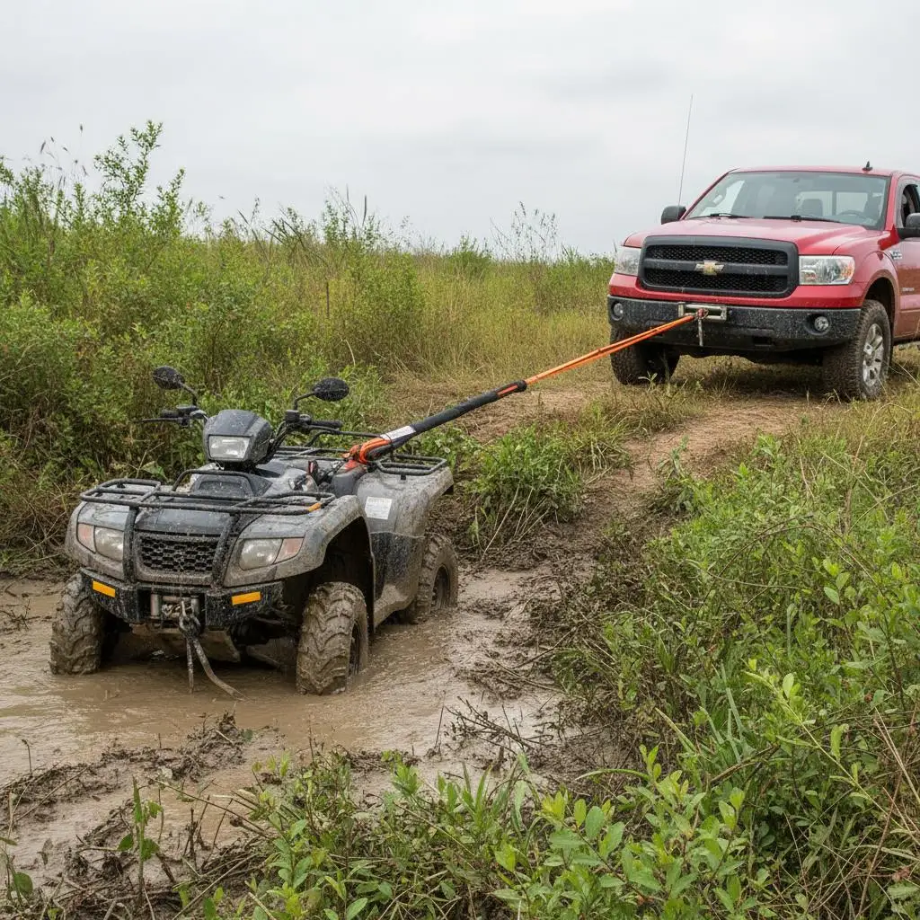 

Синтетический трос для лебедки 1/4 дюйма x 50 футов для квадроциклов, UTV, пикапов, прочность на разрыв 10 000 фунтов, кованый крюк, защитная резиновая втулка