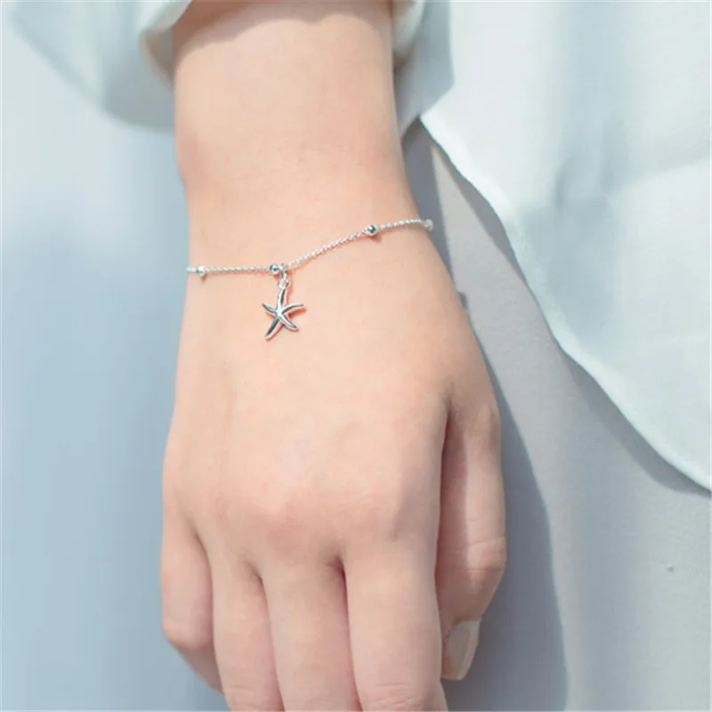 Braccialetto con ciondoli a forma di stella marina con perline rotonde placcate in argento 925 per bracciale e bracciale da donna regalo di gioielli