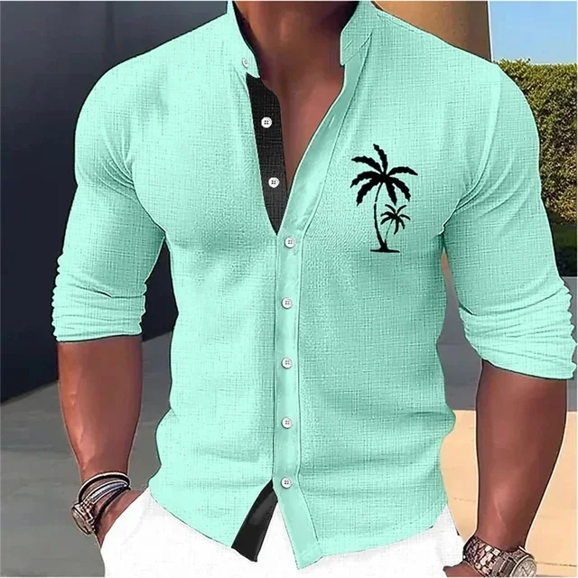 

Hot Selling Men's Stand Up Collar Long Sleeved Shirt Summer Minimalist Stand Up Collar Casual Beach Style Long Sleeved Top MB1