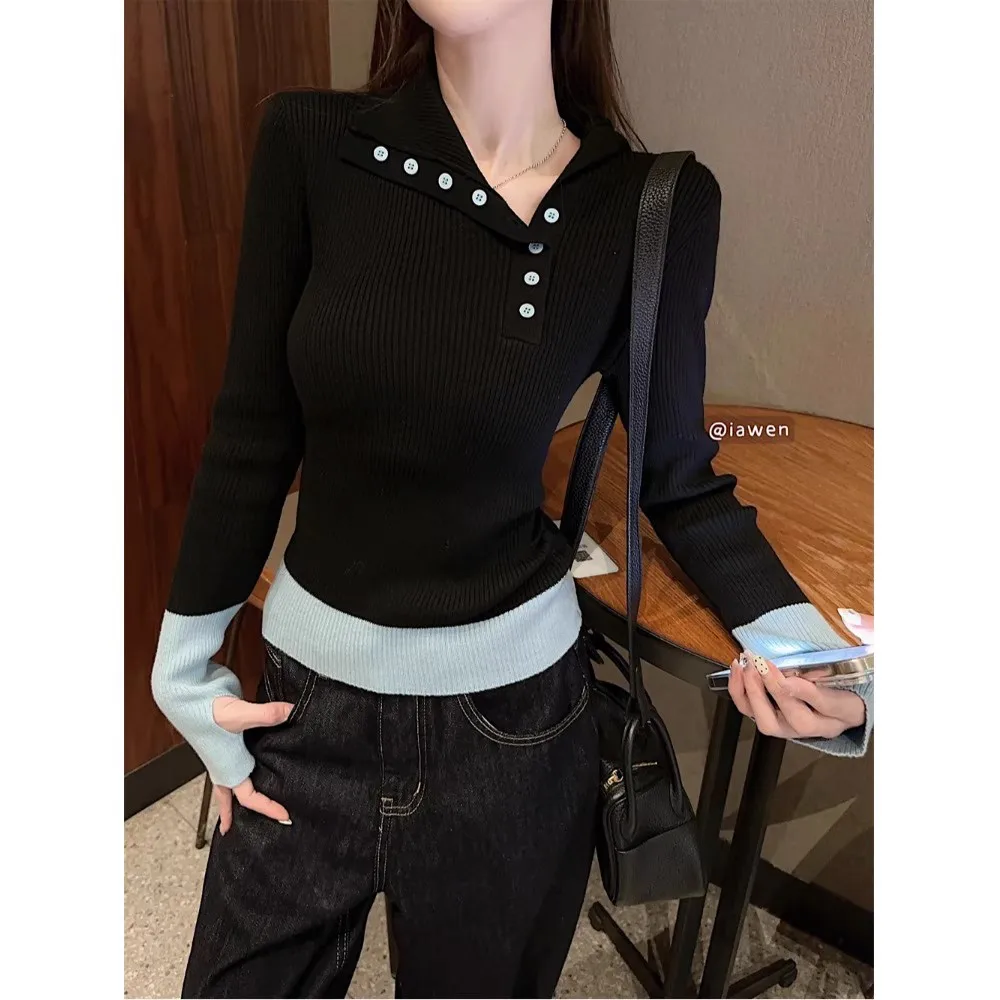 스몰 니치 디자인, 컬러 블록 스플라이싱, 대각선 라펠 니트 베이스 셔츠, 여성용 가을 슬림핏, 이너 긴팔 탑