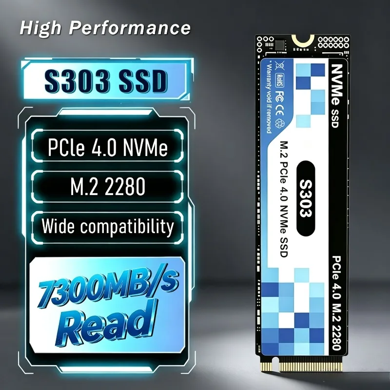 SSD Interno para Jogos S303 500GB-4TB M.2 NVMe PCIe 4.0, 7300MB/s de Alta Velocidade, Unidade de Estado Sólido para Laptops e PCs de Mesa.