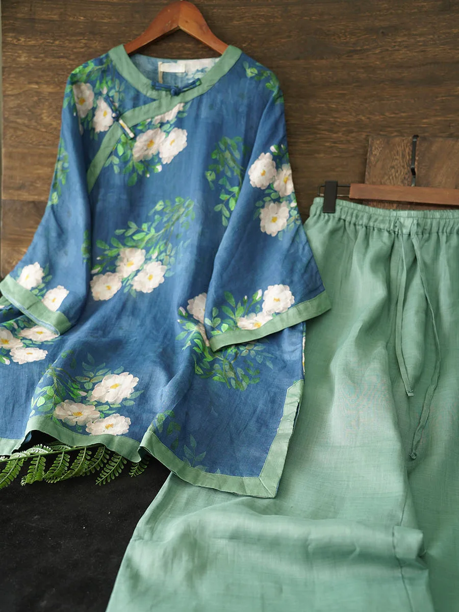 

Summer Style Women Vintage Print Ramie Blouse Elastic Waist Double-deck Cotton Linen Wide Leg Trousers Suit Two Piece Sets D337