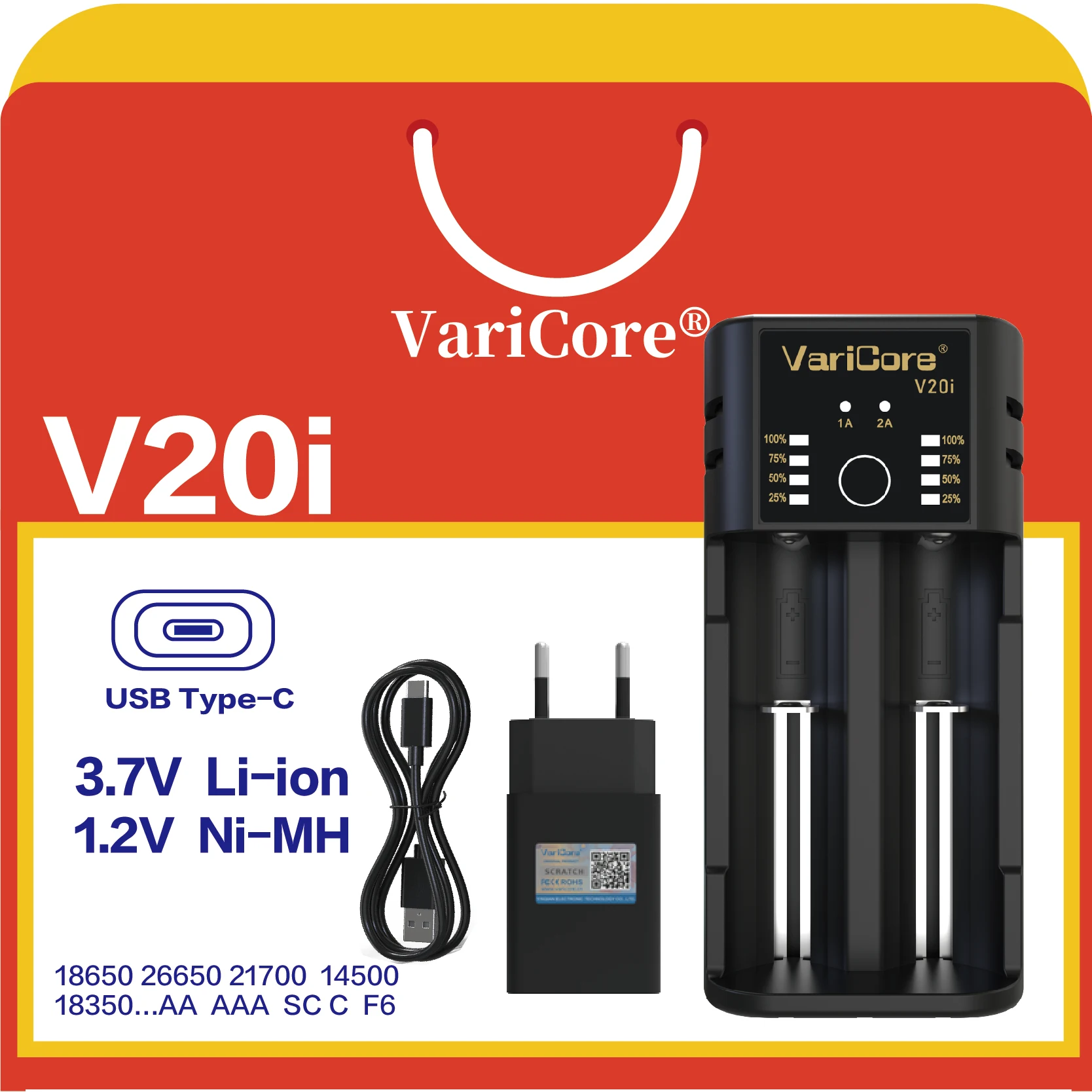 VariCore-V20i- شاحن بطارية ذكي لـ 18650/21700/AA/AAA - مؤشر LED USB TYPE-C 3.7V Li-ion 1.2V Ni-MH Ni-Cd كشف تلقائي
