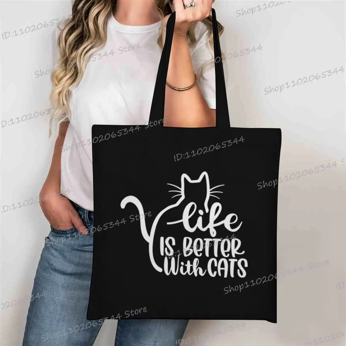 الحياة أفضل مع القطط طباعة المرأة حقيبة كتف Harajuku حقيبة تسوق قماش سعة كبيرة حقيبة يد فتاة مضيئة حقيبة يد