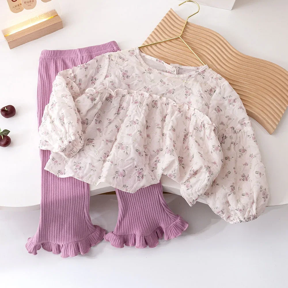 

Infant Girls Clothes Sets Korean Style Kids Girl Puff Sleeve Floral Blouse Tops+Ruffles Flared Pants 2Pcs Children Clothing Suit