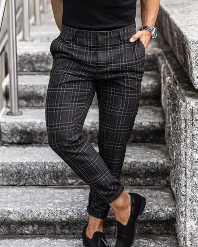 2026 New Men's Casual Plaid Pants Fashion High Stretch Slim Straight Leg Trousers Men Business Social All-match Small Feet Pants