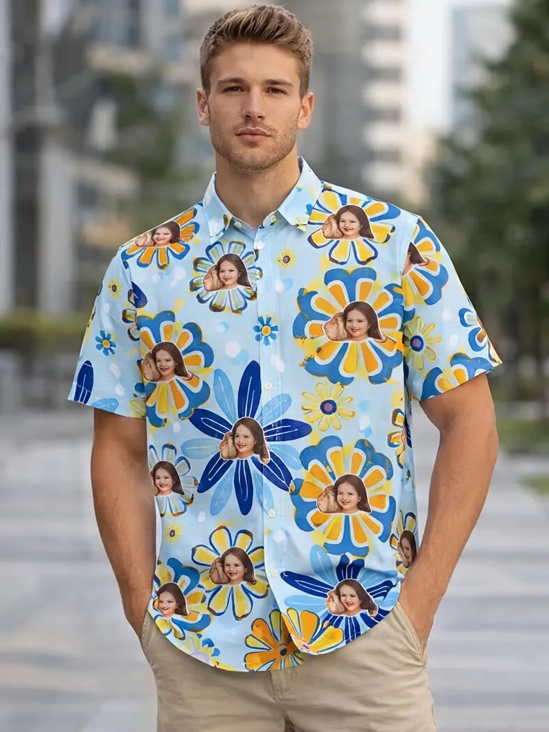 Custom Face Print Hawaiian Shirt For Men Women Personalized Diy Photo Aloha Shirts Funny Short Sleeve Beach Vacation Shirt