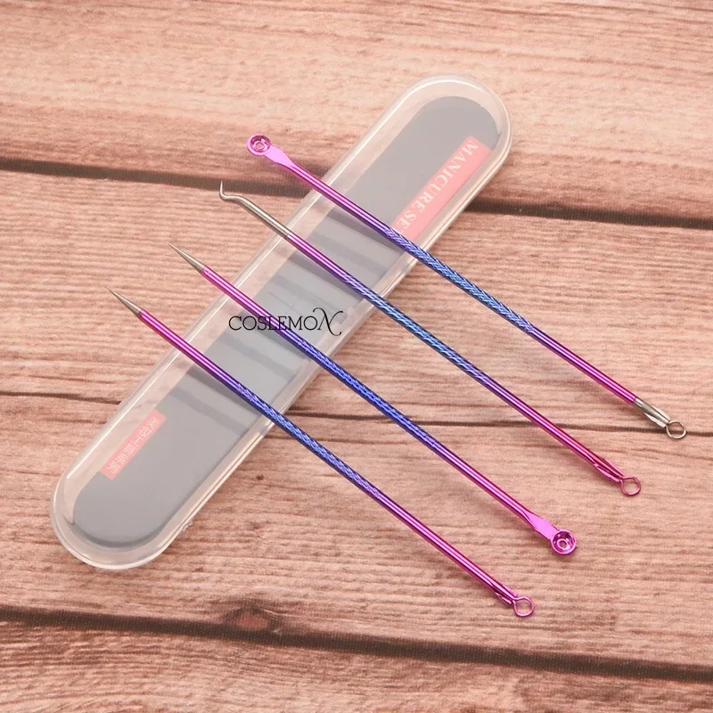 4 Piece Set Colorful Double-Headed Stainless Steel Nose Blackhead Needles Beauty Dead Skin Removal Facial Care Tool with Box