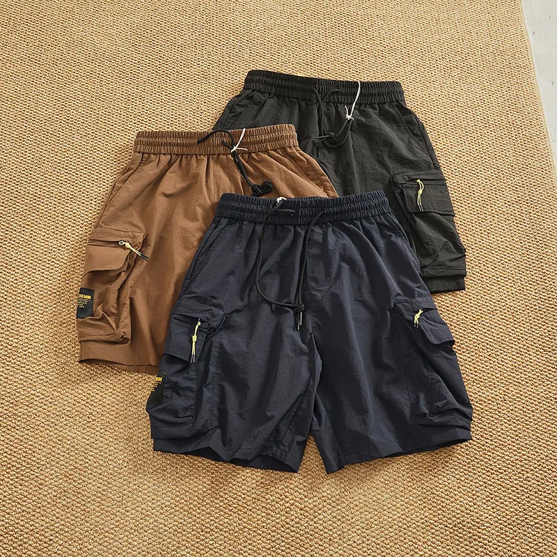 Grid Pattern Lightweight Quick-dry Summer Cargo Half Pants for Men Outdoor Multi-pocket Loose-fit Functional Casual Shorts