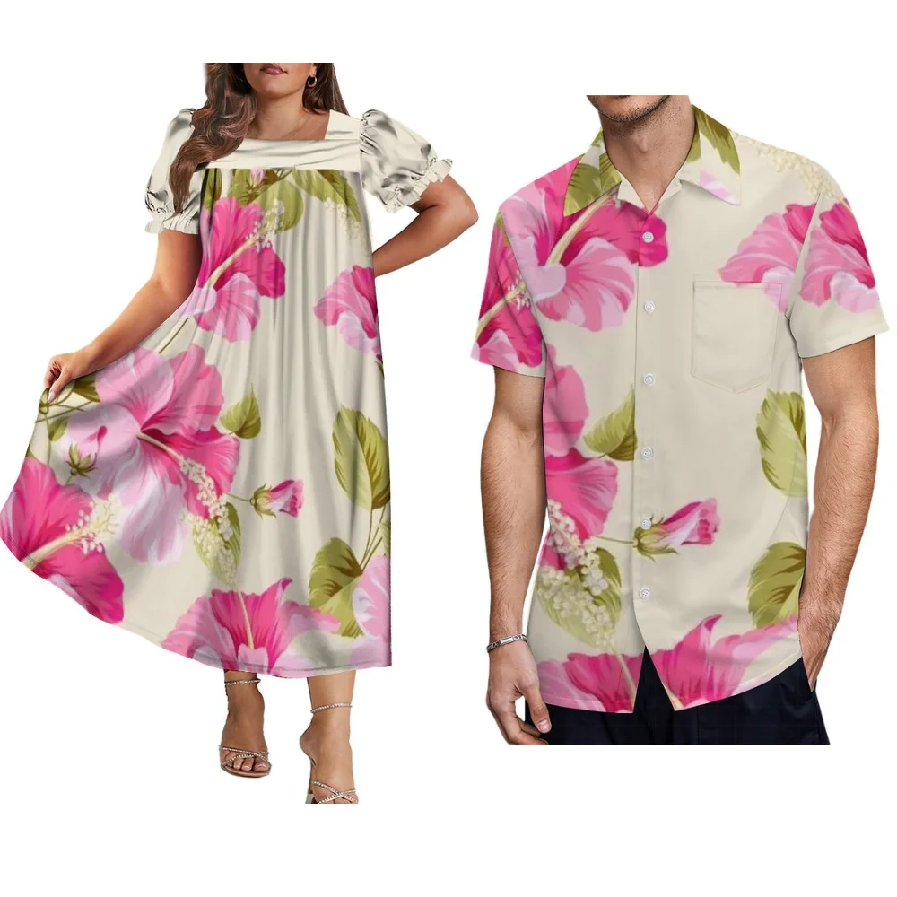 Abito da donna con maniche a sbuffo Mumu con stampa floreale alla moda di nuova concezione Camicia abbottonata da uomo Set di coppie per feste di festa