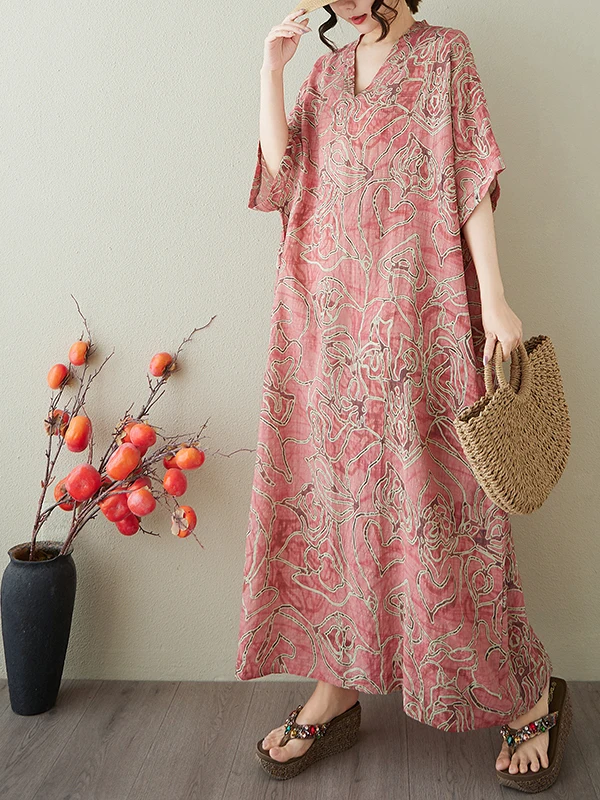 V-Ne Batwing Sve Stripe Long Dr Knee-Length Cotton Linen Blend Travel Casual Summer Floral Print Loose Fit Maxi Dr