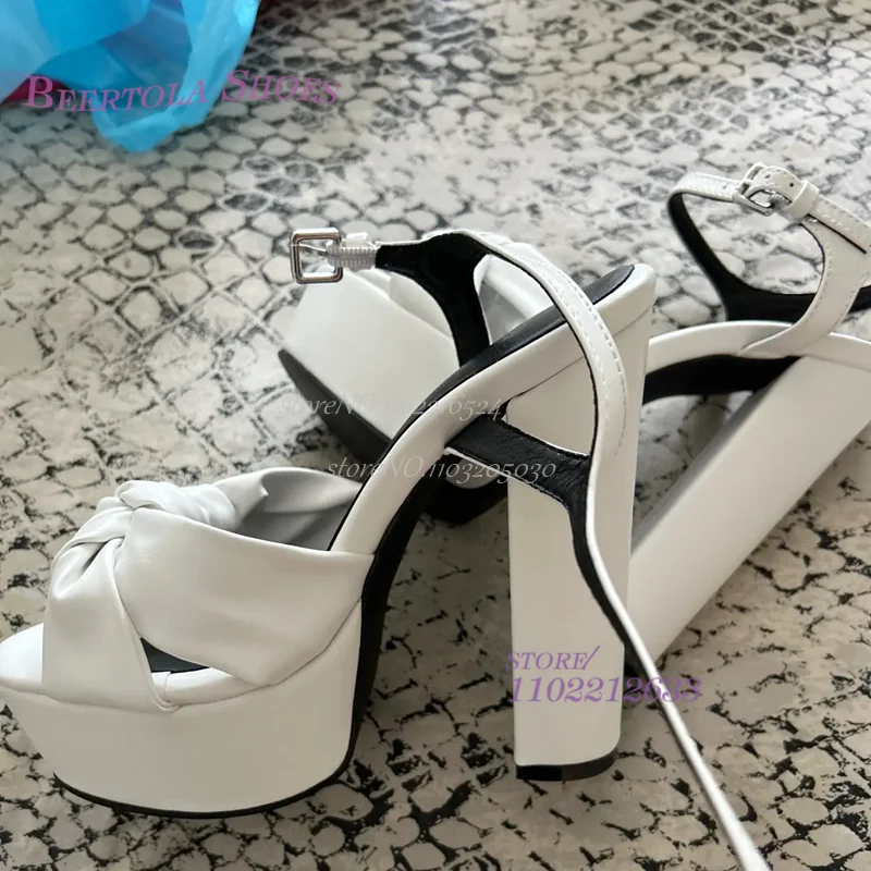 Women Square Platform Sandals White Black Solid Color Round Open Toe Ankle Knot Design Buckle Summer New Simple Shoes