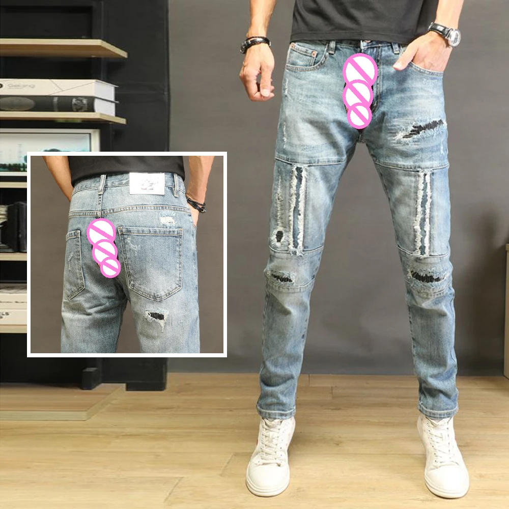 

Vintage Men's Pants Light-colored Ripped Jeans Men Exoticism Stretch Invisible Open Crotch Outdoor Sex Street Slim-fit Slacks