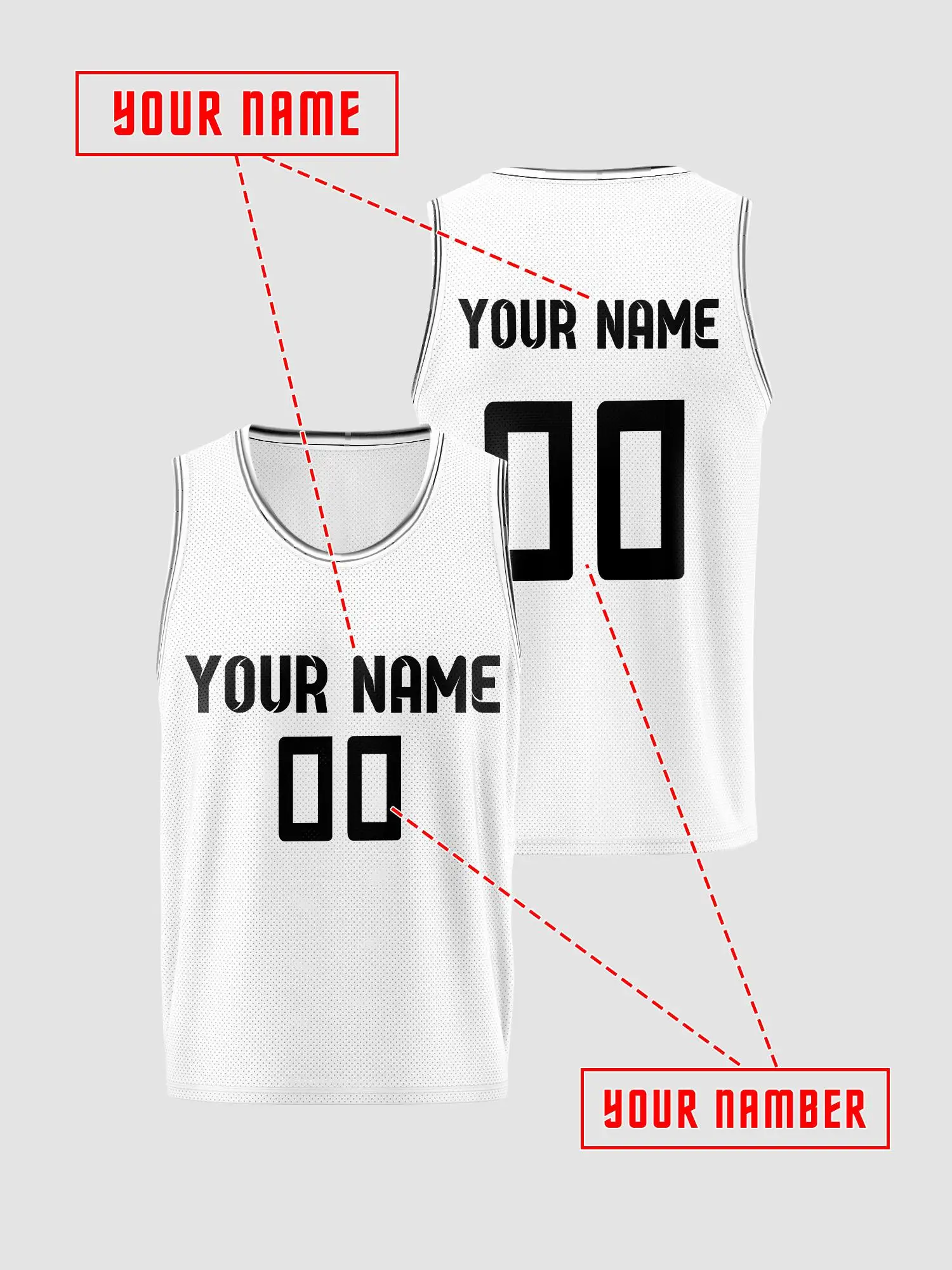 Simple‑style White Grey‑Trim Custom Kids Basketball Jersey, Breathable Mesh Quick‑Dry Tank Top With Personalized Printing