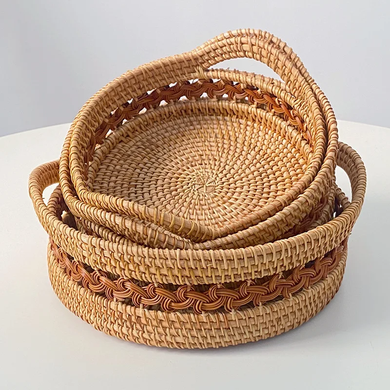 

Handmade Real Rattan Round Fruit Basket, Snack Bread Basket Tray, Living Room Snacks Sundries Storage Basket