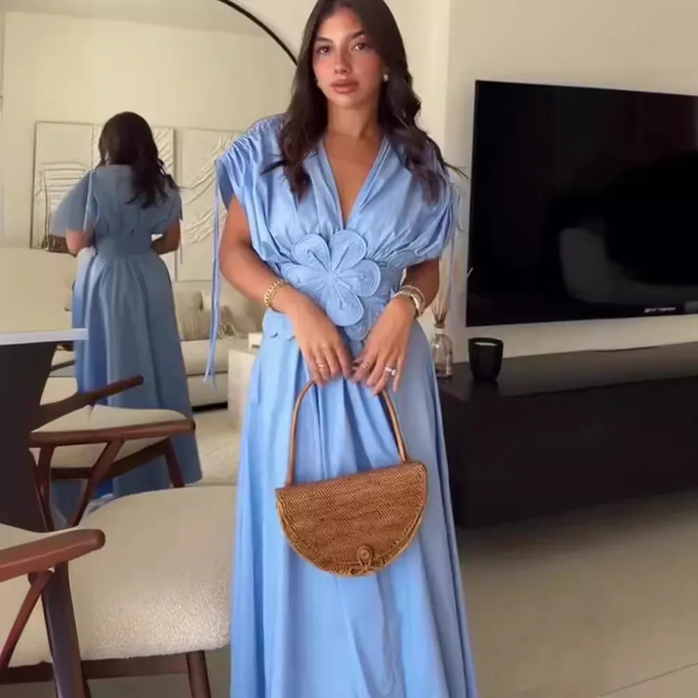 أنيقة 3D زهرة الصلبة مطوي فستان طويل المرأة شيك الخامس الرقبة قصيرة الأكمام الرباط الدانتيل يصل الجلباب الصيف سيدة فساتين الموضة