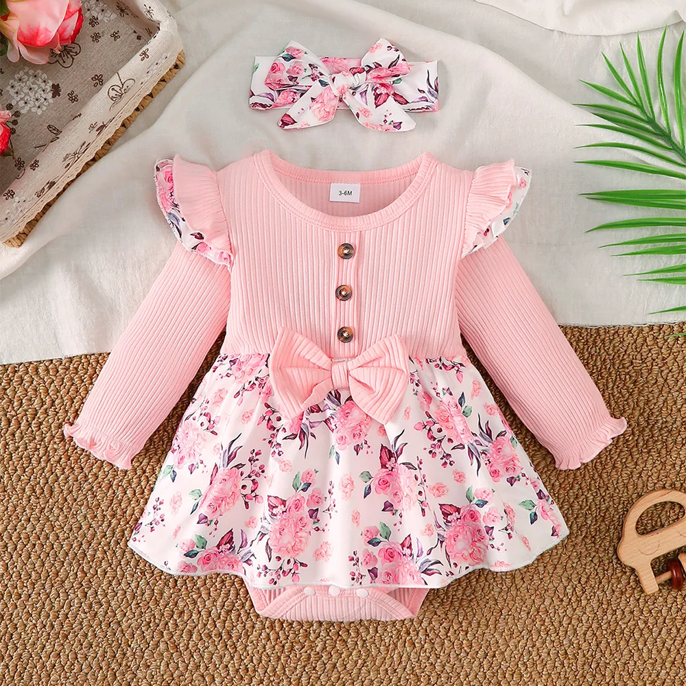 Baby Girl Floral Romper Dress Set, Spring and Autumn Style, Long-Sleeve Ruffled Princess Romper Dress with Matching Printed Headband, Sweet Newborn One-Year-Old Outfit for Outings and Photoshoots
