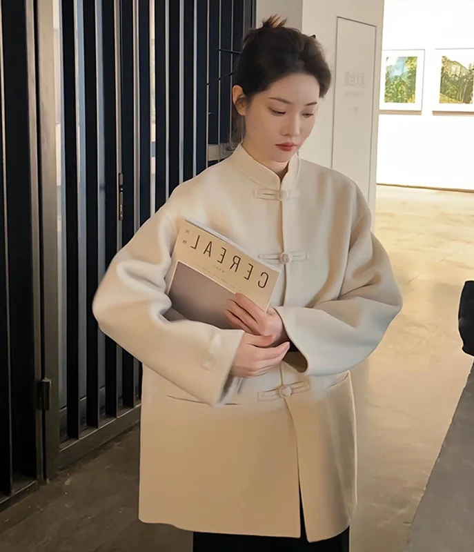 

Wool Blend Coats Womens Woolen Coat Elegant Woman Winter Velvet Ribbed Buttoned Cropped Sided Snap Closure Stand-Up Collar Thick