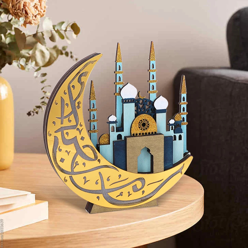 

EID Mubarak Moon Wooden Desktop Ornaments Gold Silver LED Ramadan Mosque Night Light Eid Al Adha Islam Muslim Party Home Decor