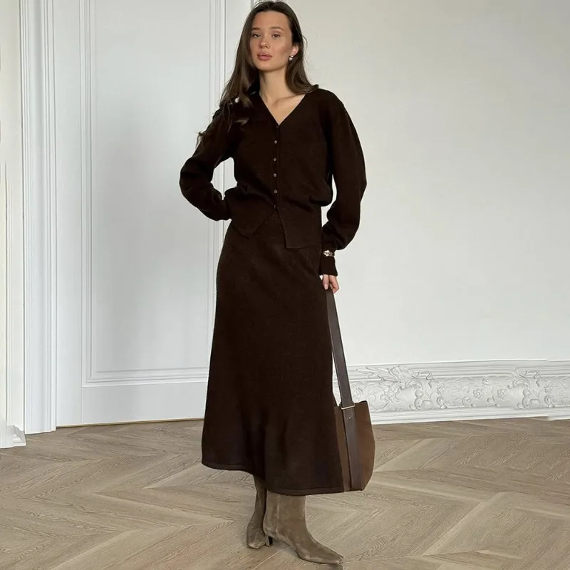 

Однотонные винтажные трикотажные юбки, женские комплекты с v-образным вырезом на пуговицах и длинными рукавами, кардиган, свитер, осенние новые элегантные модные комплекты из 2 предметов