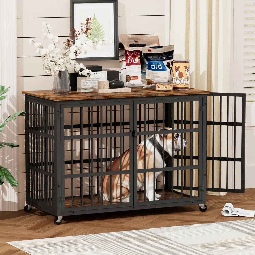 Furniture Style Dog Crate Wrought Iron Frame Door with Side Openings Rustic Brown 38''W X 27''D X 30''H Escape-Proof Double