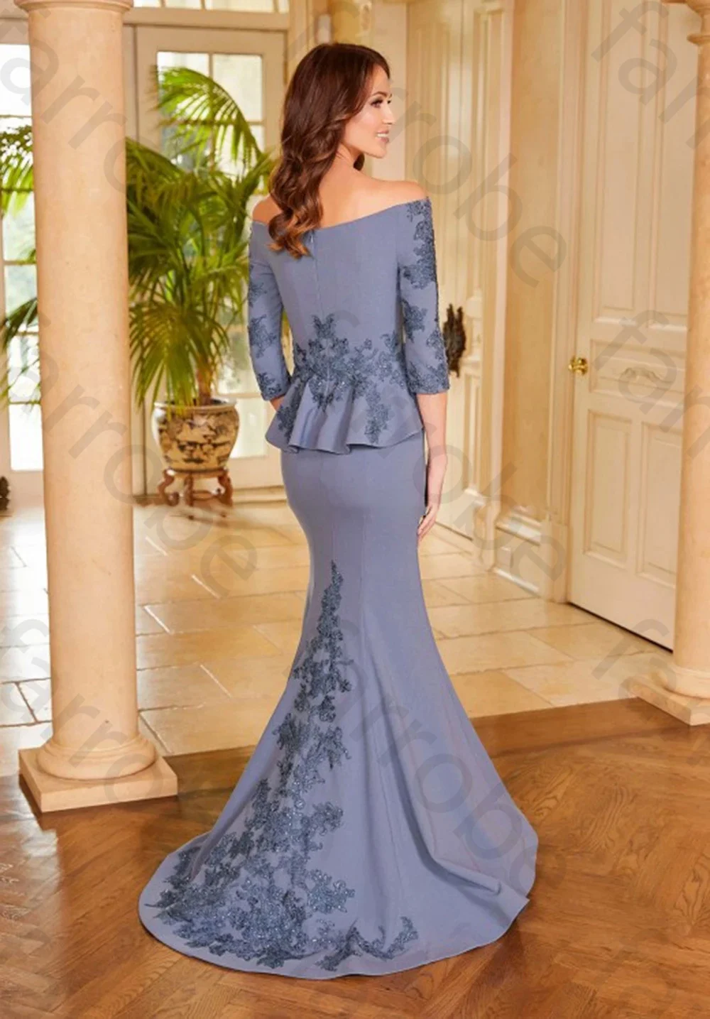 تخصيص الساحرة الفوشيه الدانتيل قبالة الكتف فستان أم العروس 3/4 الأكمام عودة خارج رداء حفلات الزفاف للنساء