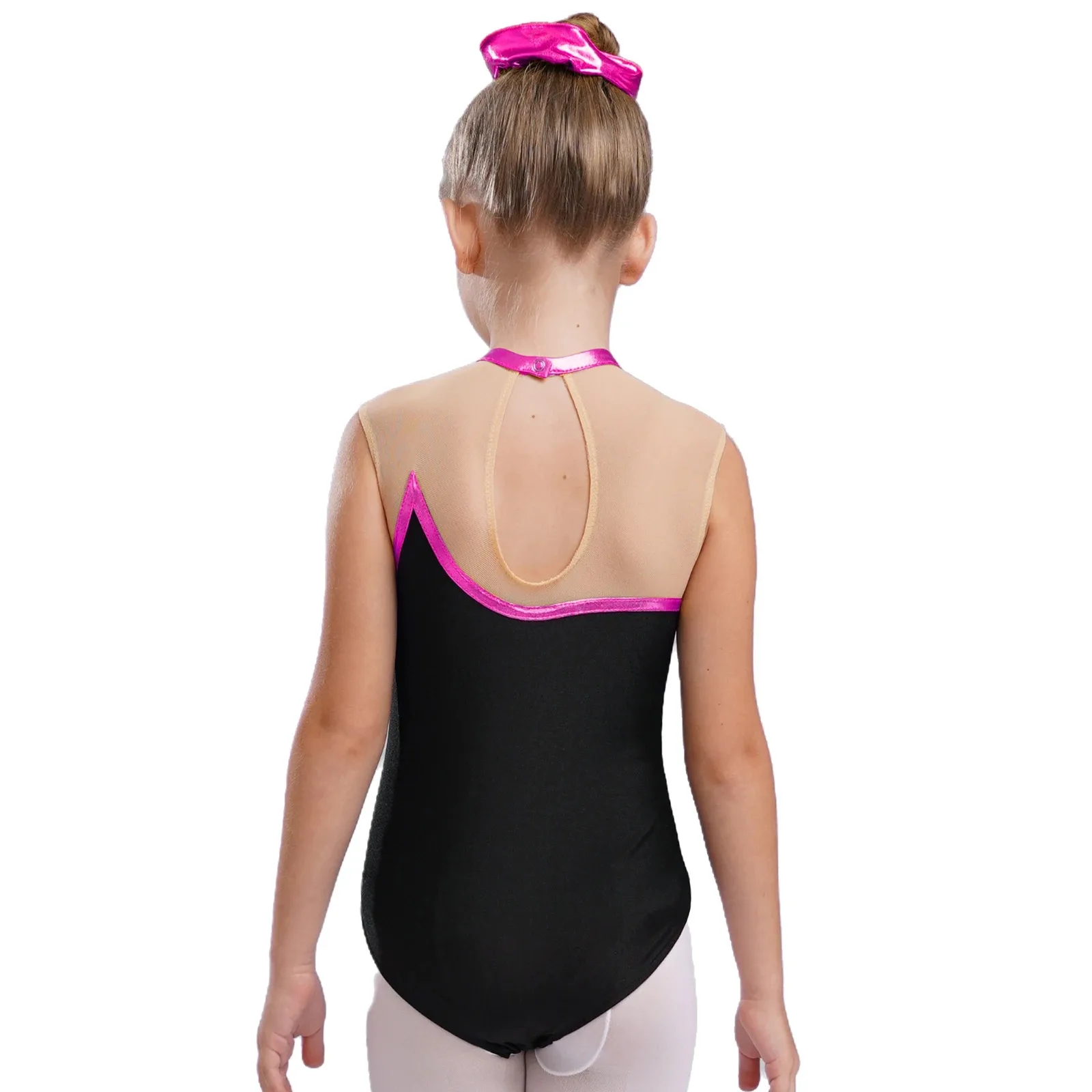 Kids Girls Metallic Striped Ballet Tights Jumpsuit Gymnastics Leotard Figure Skating Dance Costume Sheer Mesh Bodysuit Dancewear