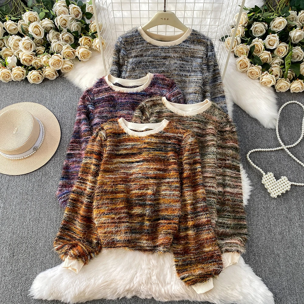 

Женские полосатые свитера контрастного цвета, осень-зима, новые мягкие вязаные пуловеры с круглым вырезом, повседневный свободный универсальный свитер для поездок на работу