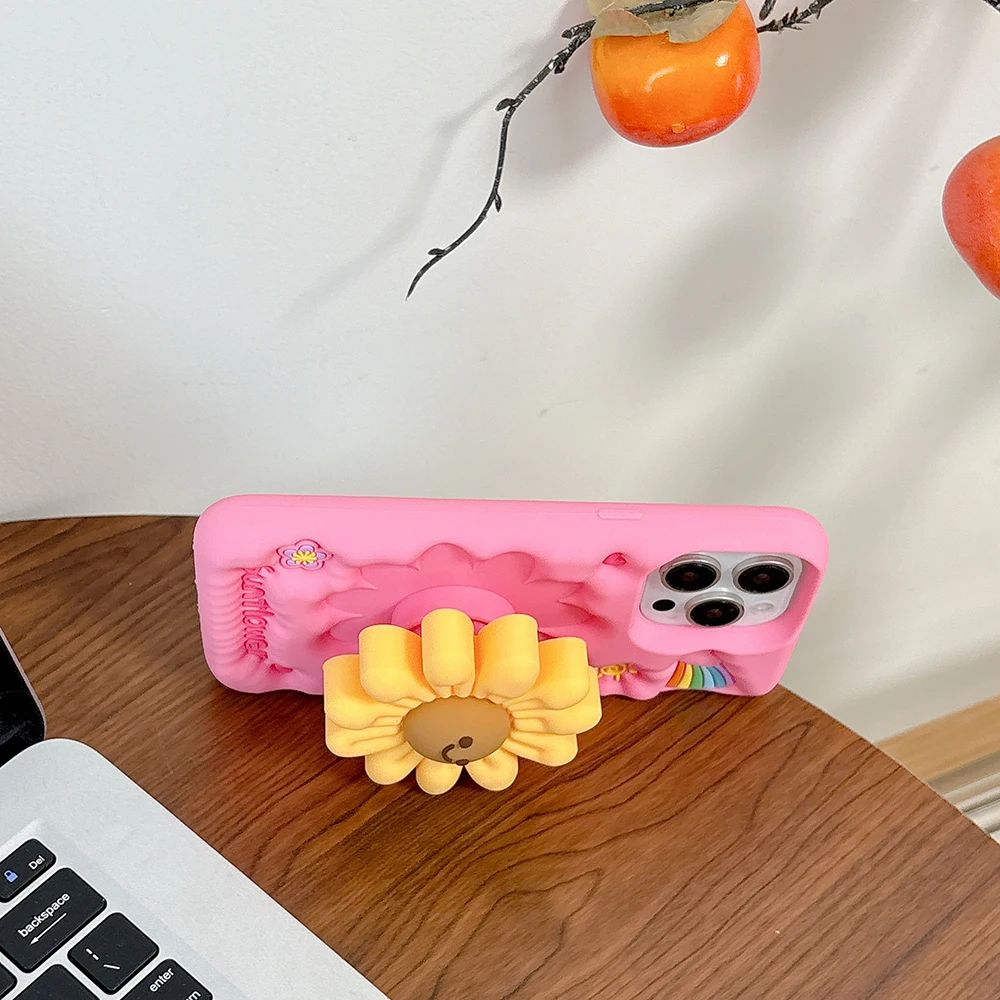 Niedliche Sonnenblumen-Teleskophalterungshülle, 3D-Blumenmuster, stoßfest, weiches Silikon, Ständerhalter-Abdeckung für iPhone 16, 15, 14, 13, 12 Pro Max – Detail 6