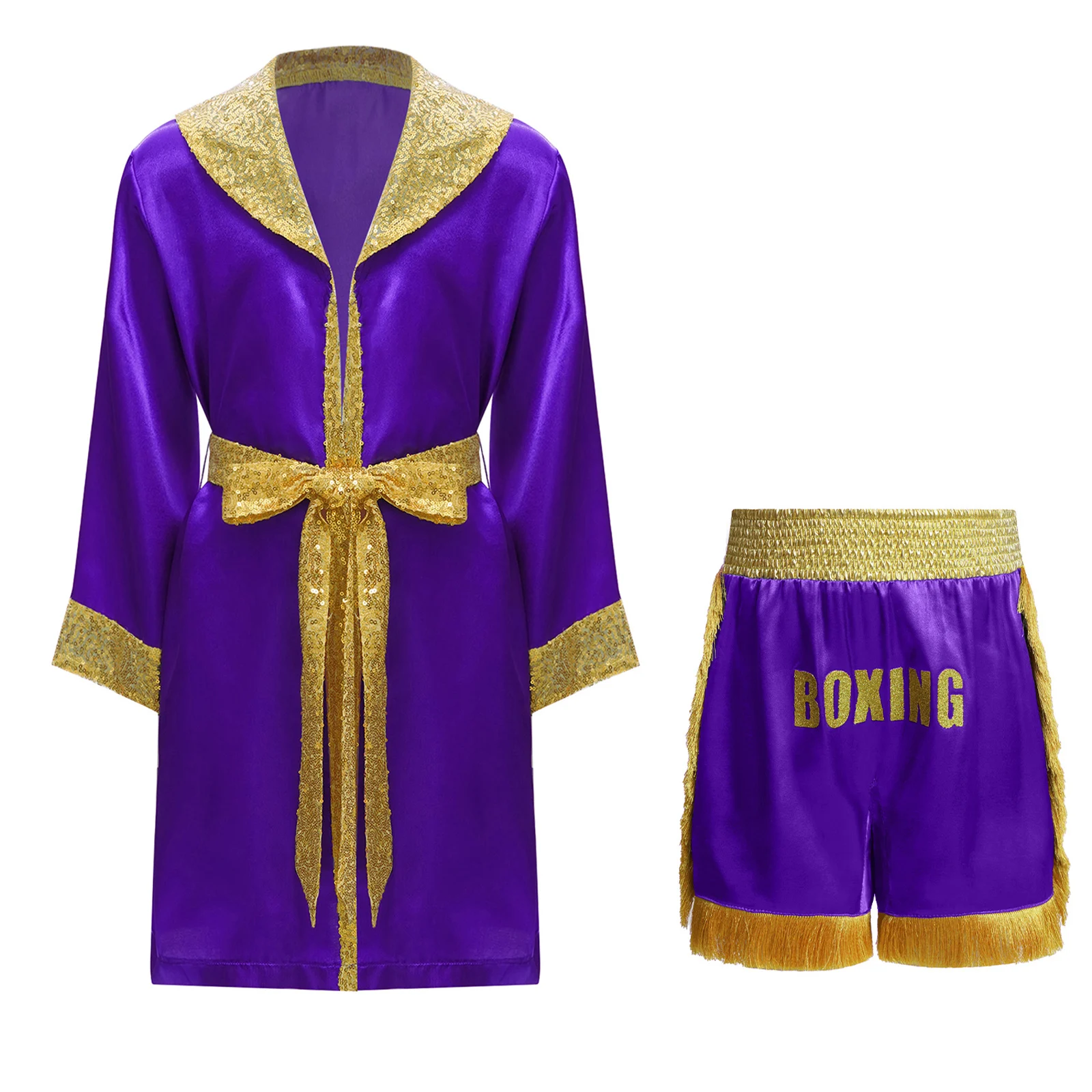

Boxing Outfit Open Front Sequins Trim Satin Boxer Robe with Sequined Belt And Wide Metallic Waistband Side Slit Tassels Shorts