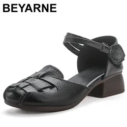 Koeienhuid Geweven Zomerleren Sandalen Damesschoenen Dikke Lage Hakken Elegantie Sandalen 2024 Ademende Comfortabele Sandalen