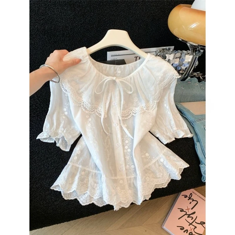 Japanese Kawaii Lolita Style Lace Blouses Women Sweet White Peter Pan Collar Puff Short Sleeve Shirts Girls Elegant Loose Blusas