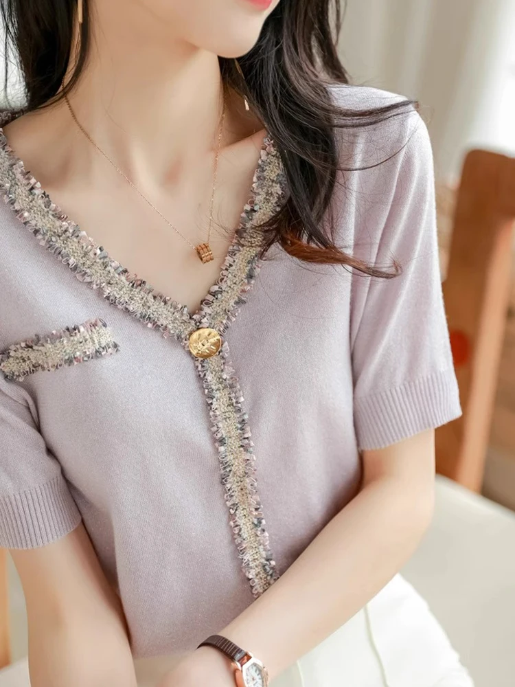 

Ele V-Ne ort Sve Knitwear Women's Inner Wear Summer Lightweight Luxury Faion Korean Sle Loose Fit Knitted Top