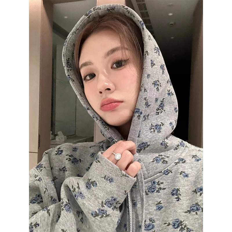 Suda con Capucha Extra ande con Estampado Floral Estilo Retro Americano para Mujer, Chaqueta de Forro Polar ueso para...